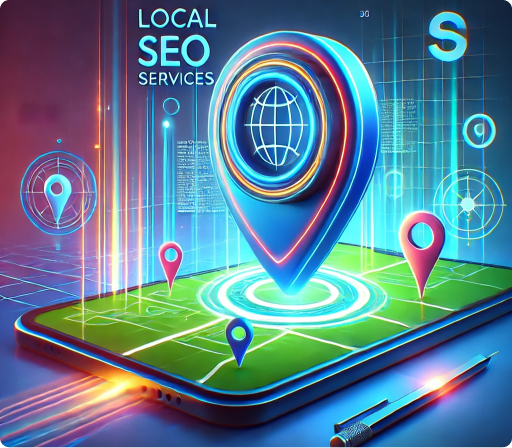 Visual of local SEO services with map pin and search bar, emphasizing local business optimization