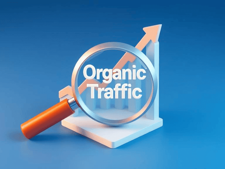 A 3D graphic illustrating organic traffic dynamics, highlighting SEO's role in enhancing website ranking.