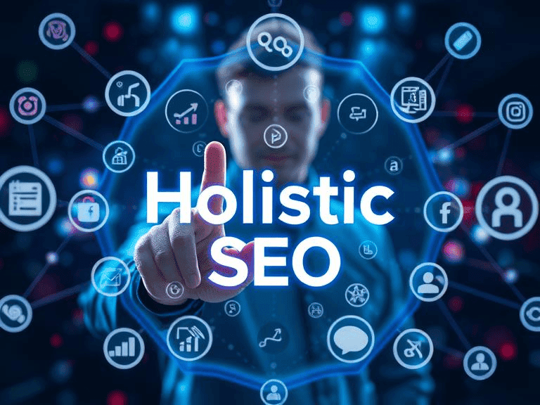 An infographic depicting holistic SEO techniques aimed at enhancing rankings and maximizing online visibility.