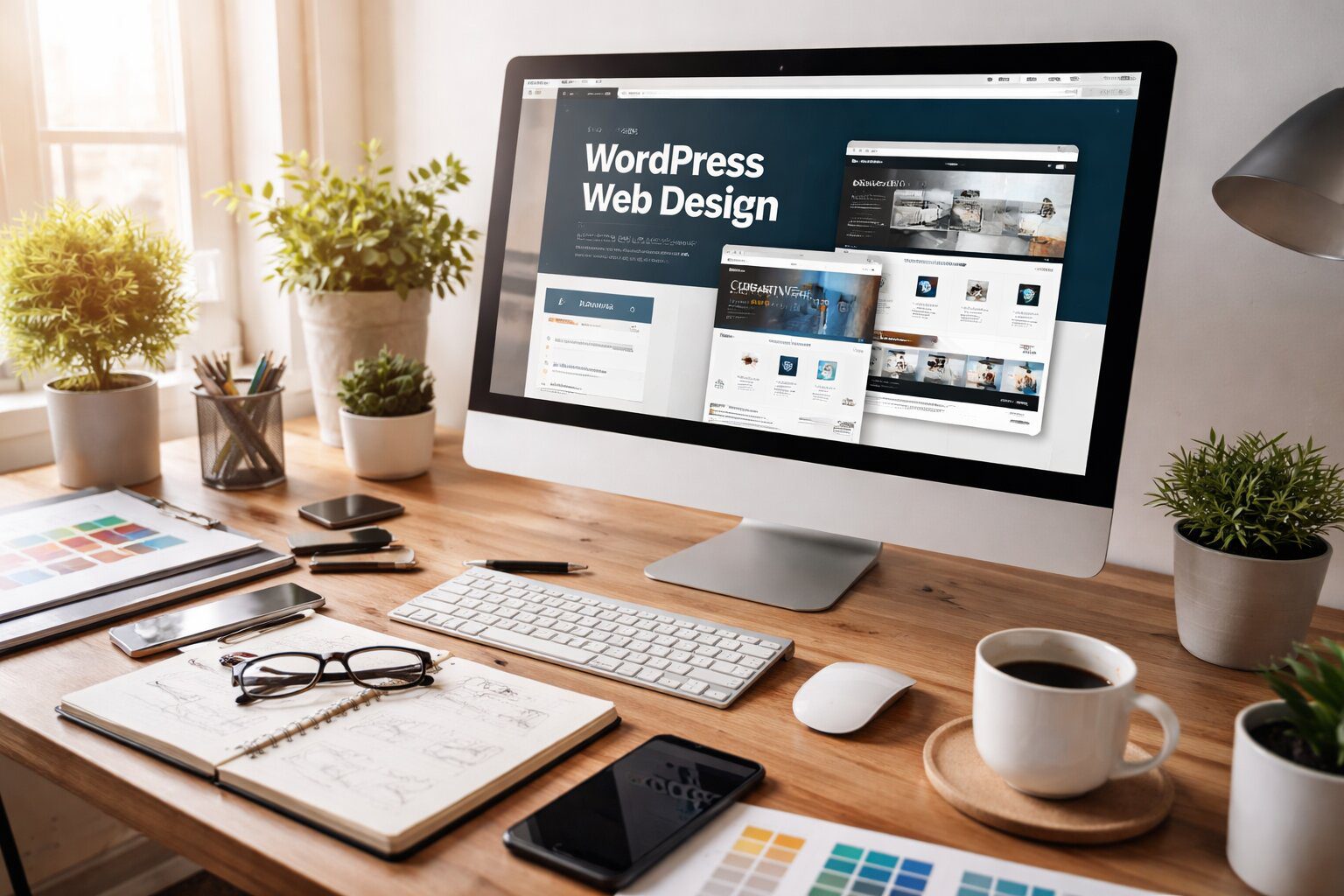 WordPress Web Design Perth modern office workspace with responsive website displayed on desktop computer