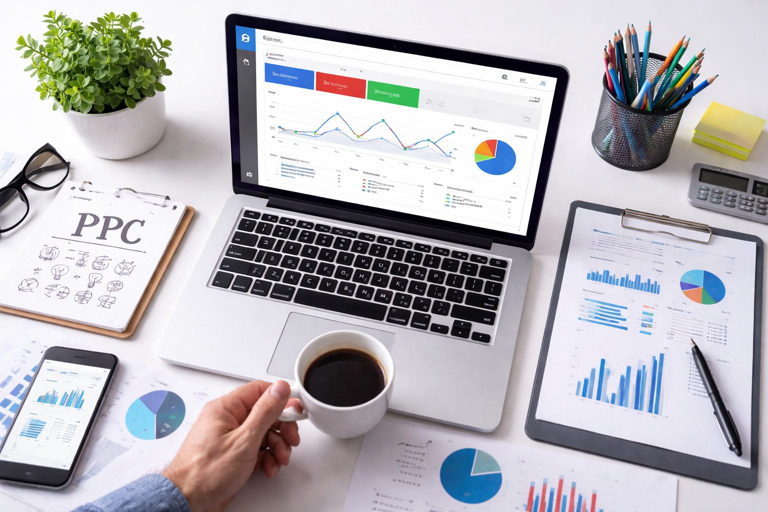 ppc advertising Perth campaign performance analysis on laptop with digital marketing dashboard and analytics reports on office desk