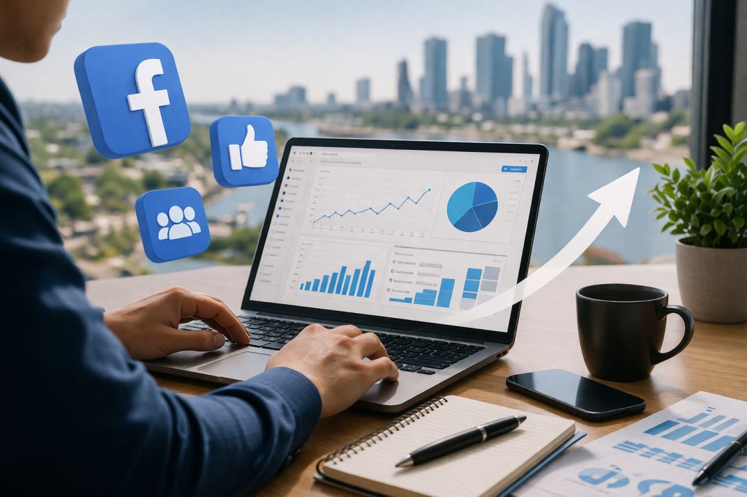 Facebook Advertising Perth campaign analytics dashboard with social media growth metrics displayed on laptop and mobile device