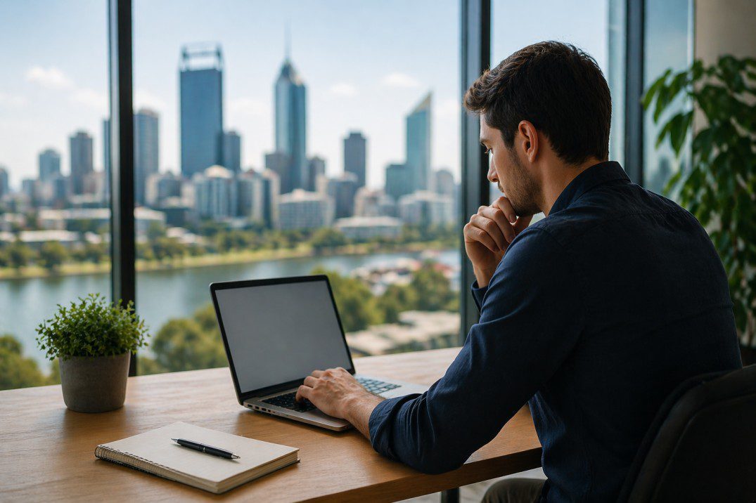 SEO copywriter Perth working on content strategy in a modern office with city skyline view