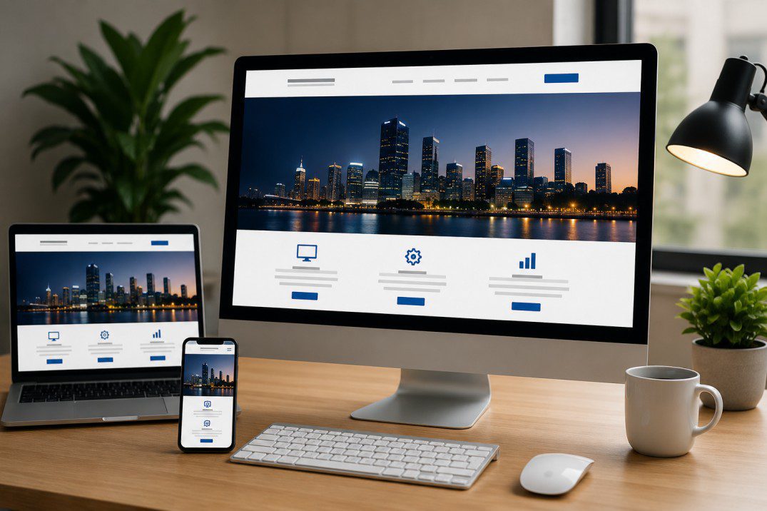 WordPress web design Perth workspace setup with responsive business website displayed on desktop and laptop screens